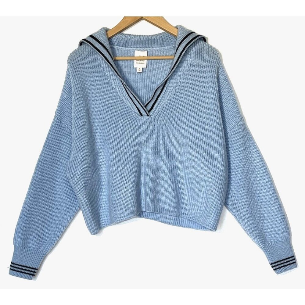 Cinq a Sept Blue Wool blend Cecile Sailor Ribbed Oversize Crop Sweater - Picture 2 of 12